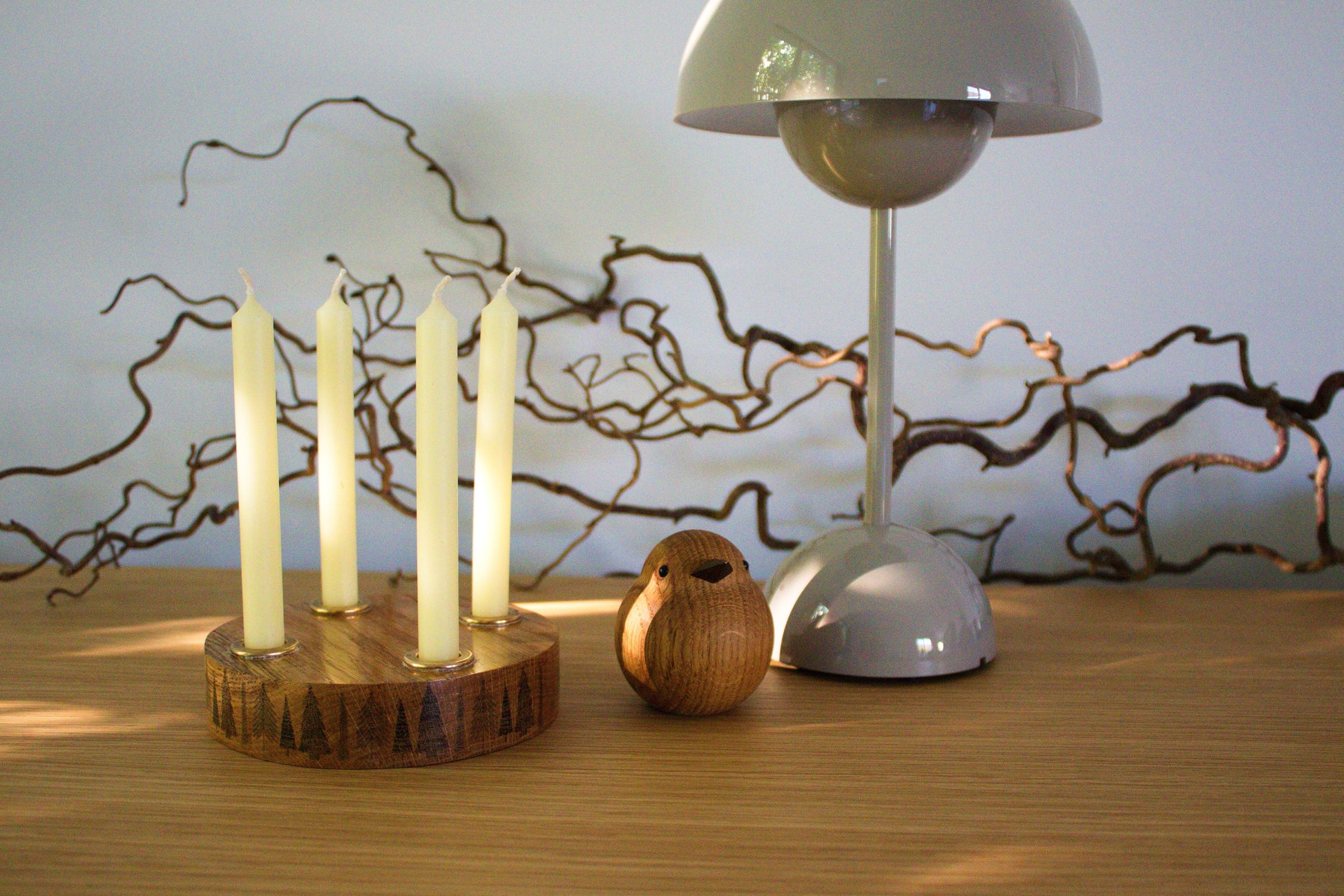 Handmade solid oak candle holder with four brass inserts