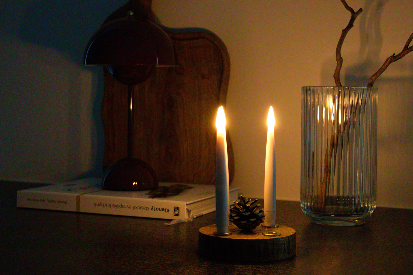 Handmade solid oak candle holder with four brass inserts