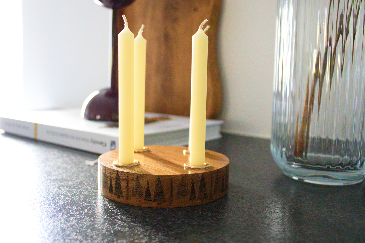 Handmade solid oak candle holder with four brass inserts