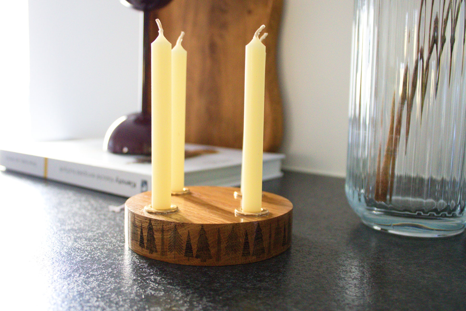 Handmade solid oak candle holder with four brass inserts