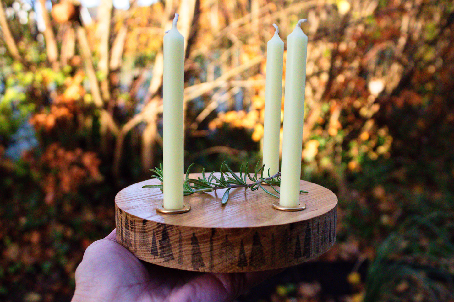 Handmade solid oak candle holder with four brass inserts