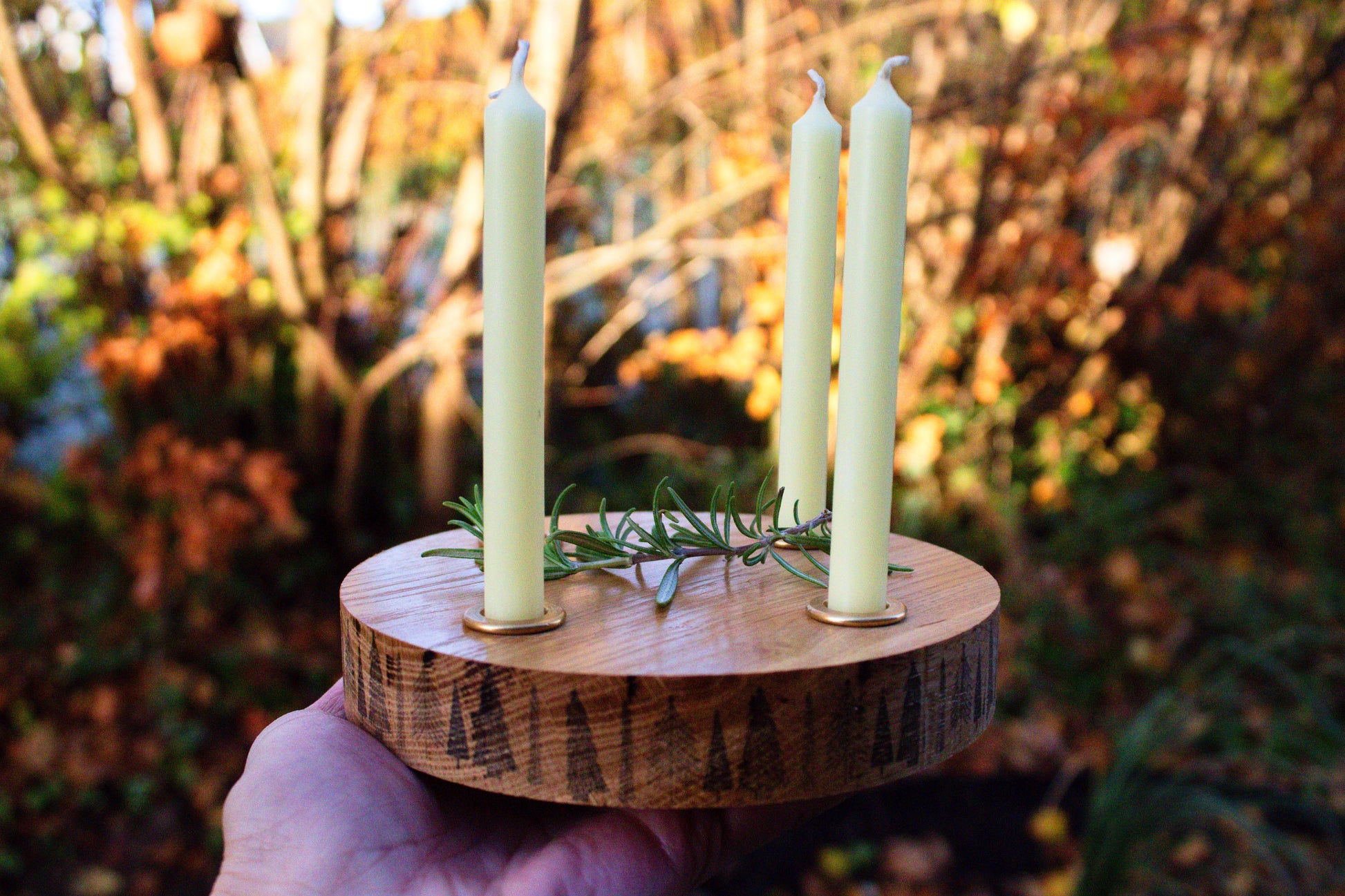 Handmade solid oak candle holder with four brass inserts