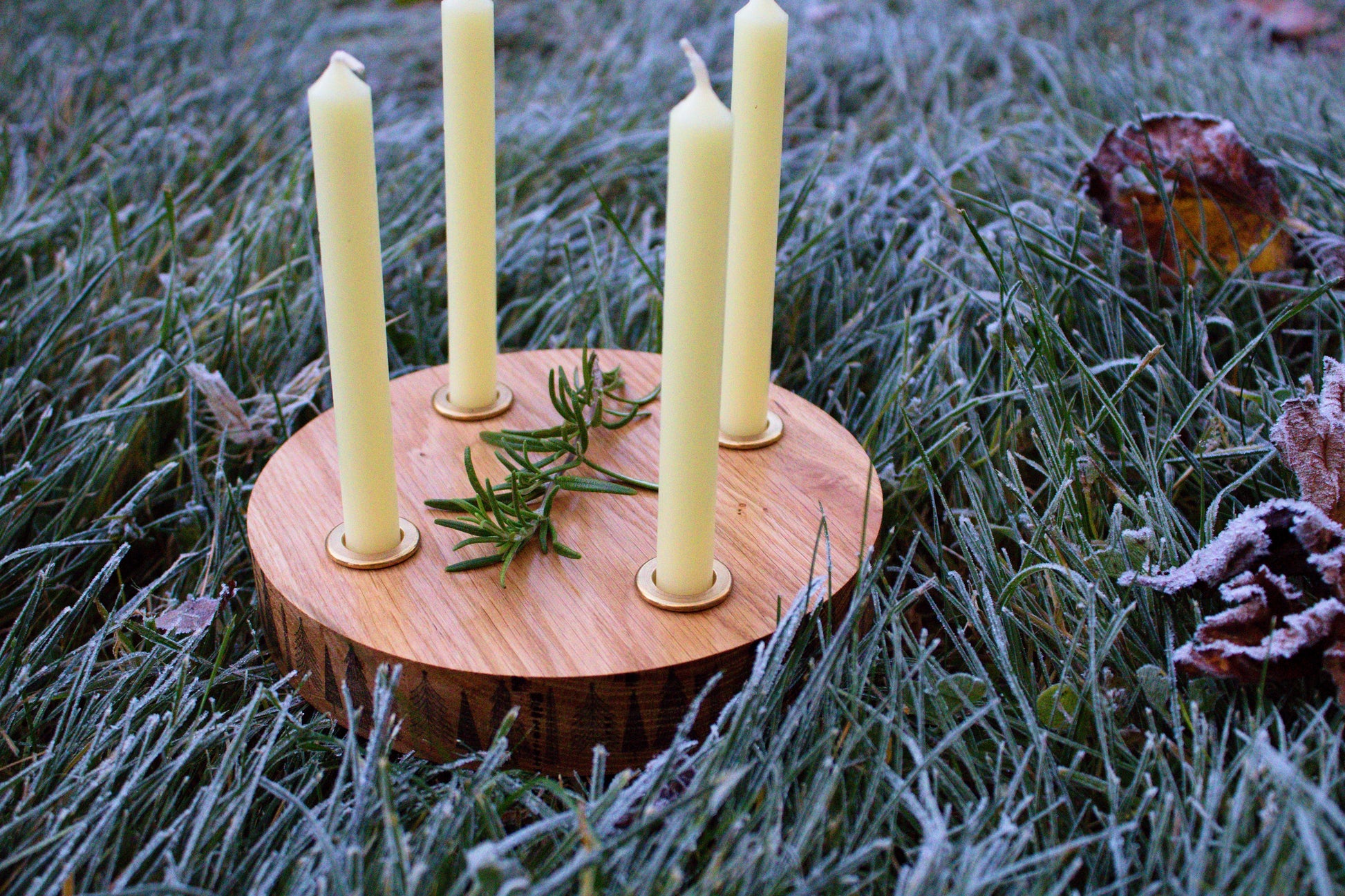 Handmade solid oak candle holder with four brass inserts